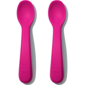 OXO Tot - Silicone Spoons - Encourage Self-Feeding - Easy for Little Ones to Hold - Baby Toddler Feeding Utensils - Pink - 2-Pack