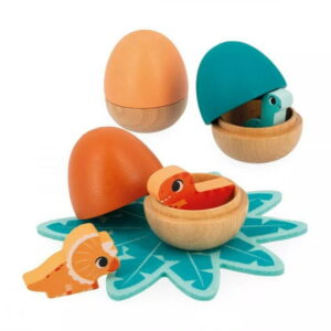 Janod - Dino - Surprise 3 Baby Dinosaur Hiding Eggs Playset - Pull Open - FSC Wooden Toy - Early Development For Children - 18 Months + - J05834