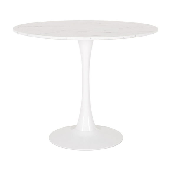 CorLiving Ivo White Marbled Effect Faux Wood Round Indoor Pedestal Bistro Table
