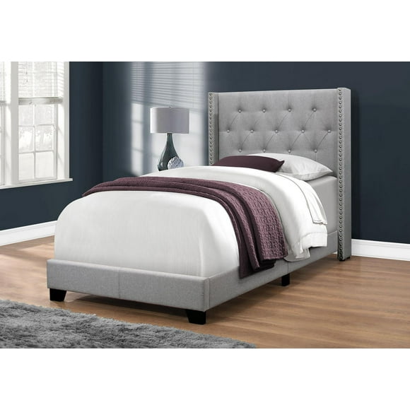 Monarch Specialties Bed, Twin Size, Platform, Teen, Frame, Upholstered, Velvet, Wood Legs, Grey, Transitional