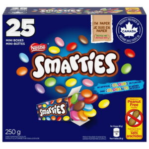 Smarties Mini Candies, Peanut-free Candy, Candy-coated Milk Chocolate, Individual Boxes, Made in a Peanut-free Facility, No Artificial Colours or Flavours, Prepared in Canada, 250 g