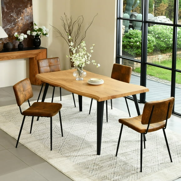 Homy Casa Industrial Dining Set for 4, 63" Live Edge Faux Natural Table with 4 Suede Chairs