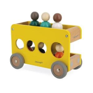 Janod - Bolid Solid Wood School Bus - Silent Wheels - Imagination and Fine Motor Skills - Water-Based Paints - 2 Years + - Yellow - 346355.