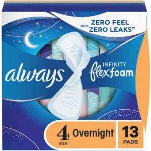 Always Infinity Feminine Pads for Women, Flexfoam Pads with Wings, Size 4, Overnight Absorbency, Unscented, 13CT