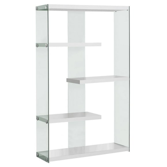 Monarch Specialties Bookshelf, Bookcase, Etagere, 5 Tier, 60"h, Office, Bedroom, Tempered Glass, Laminate, Glossy White, Clear, Contemporary, Modern