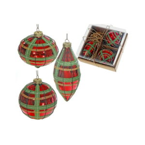 10Cm 3 Pc Glass Ornament In Gift Box (Plaid)