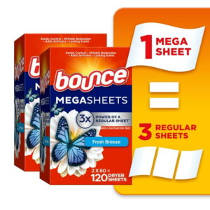 Bounce Mega Dryer Sheets, Fresh Breeze, Mega Fabric Softener Sheets with Static Control, Wrinkle Reduction, Extra Softness, Lasting Scent, Repels Lint, 120CT