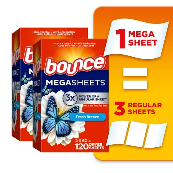 Bounce Mega Dryer Sheets, Fresh Breeze, Mega Fabric Softener Sheets with Static Control, Wrinkle Reduction, Extra Softness, Lasting Scent, Repels Lint, 120CT