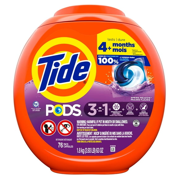 Tide PODS laundry detergent pacs, 3-in-1 Stain Remover, Odor Fighter, Color Protector, HE compatible, Spring Meadow Scent, 76CT