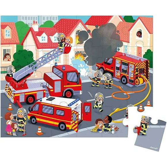 Janod - 24-Piece Firefighting Puzzle with Poster - Develops Memory & Dexterity - Colorful & Engaging - Suitable for Children Ages 3+