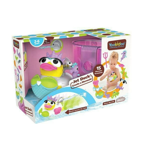 Yookidoo Jet Duck: Create a Mermaid - Battery-Operated Bath Toy with Water-Squirting Action, 15 Accessories for Customization, Fun Bath Time Adventure for Kids
