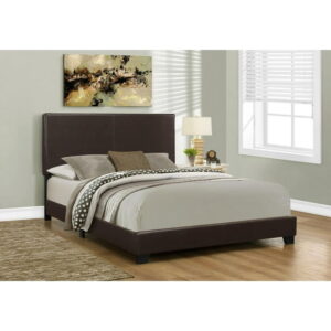Monarch Specialties Bed, Queen Size, Platform, Bedroom, Frame, Upholstered, Pu Leather Look, Wood Legs, Brown, Transitional