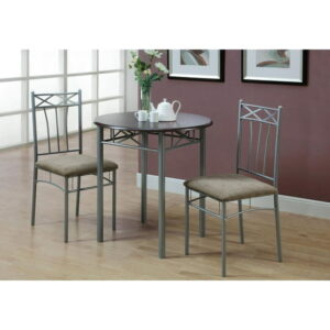 Monarch Specialties Dining Table Set, 3pcs Set, Small, 30" Round, Kitchen, Metal, Laminate, Brown, Grey, Transitional