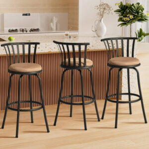Homy Casa 3 Pack Barstool - Industrial-Style Adjustable Height Swivel Bar Chair with Suede Upholstery Seat, Brown, Ideal for Kitchen Island, Dining Room