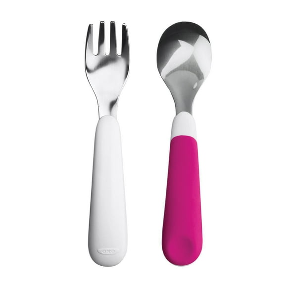 OXO Tot - Fork & Spoon Set - Baby Feeding Stainless Steel Sized for Little Mouths from 12 Months and Up - Pink