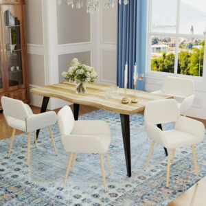 Homy Casa 4 Seater Chair Dining Table Set with Live Edge Industrial Faux Walnut Table and Armchairs, Beige Fabric