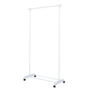 Mainstays Simple Single Rod Garment Rack, White., Assembled size: 35in.Wx17.5in.Dx68in.H; Holds up to 20 lbs; Wheel casters for portability; Additional storage on bottom.