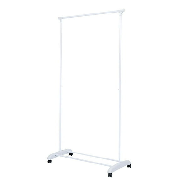 Mainstays Simple Single Rod Garment Rack, White., Assembled size: 35in.Wx17.5in.Dx68in.H; Holds up to 20 lbs; Wheel casters for portability; Additional storage on bottom.