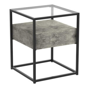 Safdie & Co. Accent Table 17L Dark Cement 1 Drawer Glass Top Black Metal