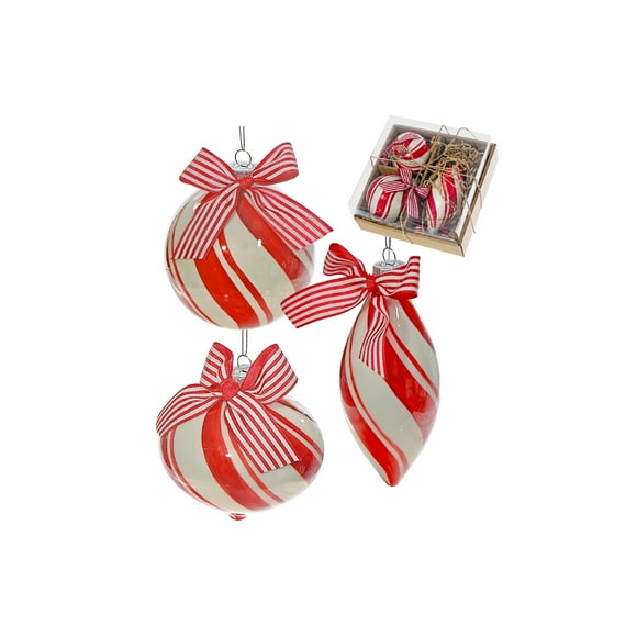 10Cm 3 Pc Glass Ornament In Gift Box (Candy Cane Stripe)