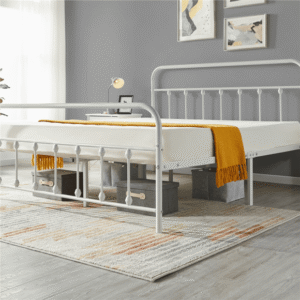 Fullfurnique Metal Platform Bed with High Headboard and Footboard, Queen, White