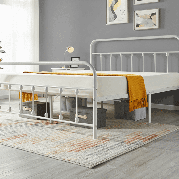Fullfurnique Metal Platform Bed with High Headboard and Footboard, Queen, White