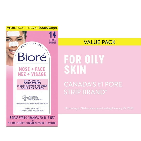 Bioré Deep Cleansing Nose + Face Pore Strips, Mixed Value Pack for Instant Pore Unclogging and Blackhead Removal, 14ct (7 Face + 7 Nose) - Made in Japan, Dermatologist Tested | 14 ct