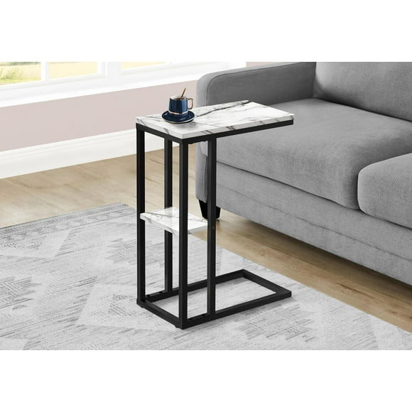 Monarch Specialties Accent Table, C-shaped, End, Side, Snack, Living Room, Bedroom, Metal, Laminate, White Marble Look, Black, Contemporary, Modern