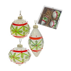 8Cm 3 Pc Glass Ornament In Gift Box (Holly)