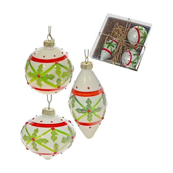 8Cm 3 Pc Glass Ornament In Gift Box (Holly)