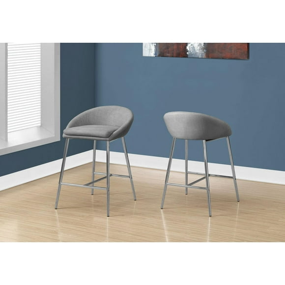 Monarch Specialties Bar Stool, Set Of 2, Counter Height, Kitchen, Metal, Fabric, Grey, Chrome, Contemporary, Modern