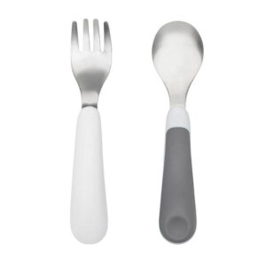 OXO Tot - Fork & Spoon Set - Baby Feeding Stainless Steel Sized for Little Mouths from 12 Months and Up - Gray