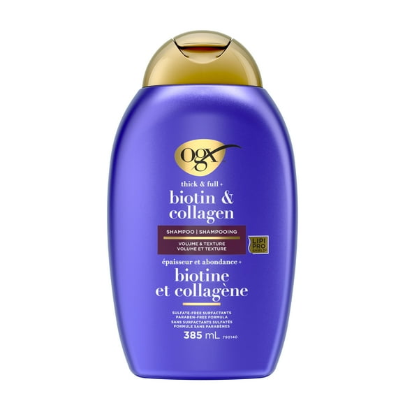 OGX Thick & Full + Biotin & Collagen Volumizing Shampoo, Nutrient-Infused Hair Shampoo with Vitamin B7 Biotin Gives Hair Volume & Body for 72+ Hours, Sulfate-Free Surfactants, 385 mL
