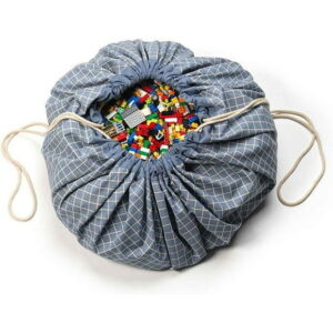 Play & Go - Timeless Blue Grid Pattern - 3-in-1 Play Mat - Storage Bag & Diaper Bag - Made from Organic Cotton - Easy Cleanup and Toy Storage - 120 cm Diameter - Suitable for Newborn to Toddler - Easy