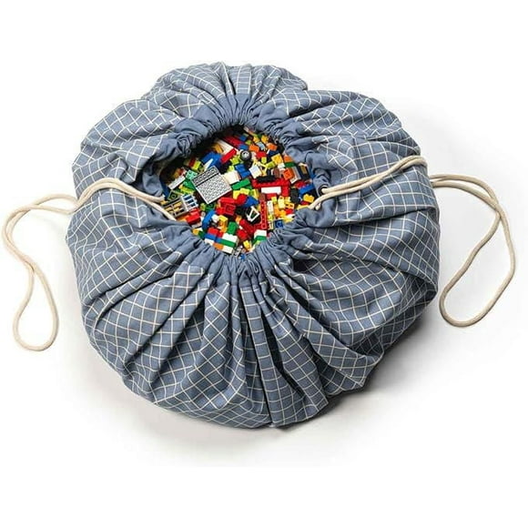 Play & Go - Timeless Blue Grid Pattern - 3-in-1 Play Mat - Storage Bag & Diaper Bag - Made from Organic Cotton - Easy Cleanup and Toy Storage - 120 cm Diameter - Suitable for Newborn to Toddler - Easy