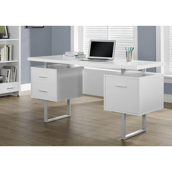 Monarch Specialties Computer Desk, Home Office, Laptop, Left, Right Set-up, Storage Drawers, 60"l, Work, Metal, Laminate, White, Grey, Contemporary, Modern