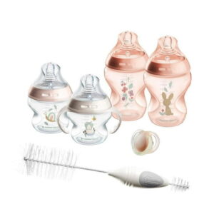 Tommee Tippee Natural Start Babys First Bottle Set, 2 x 5oz and 2 x 9oz Anti-Colic Bottles, Slow and Medium Flow Nipples, 0-6 month Pacifier, Self-Sterilizing, Pink