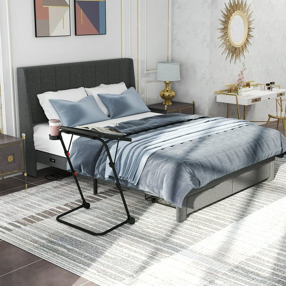 Homy Casa Grey Upholstered Queen Bed with Storage Drawers & Adjustable Tray Desk