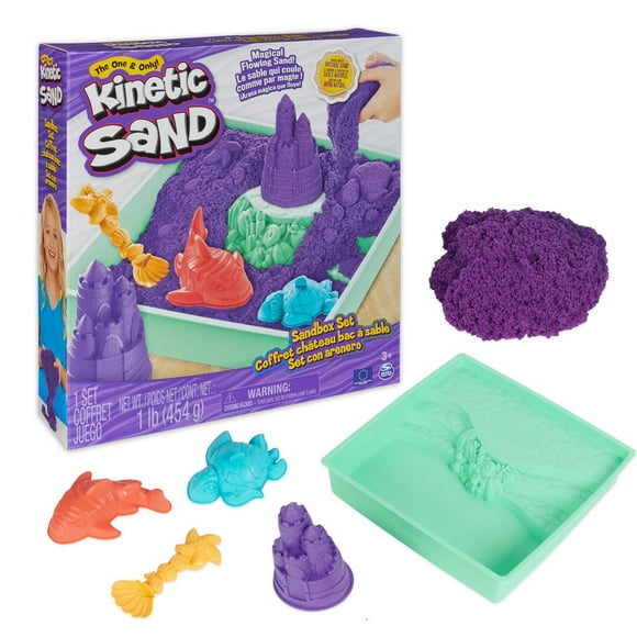 Kinetic Sand Sandbox Set, 1lb Purple Play Sand, Sandbox Storage, 4 Molds and Tools, Sensory Toys for Kids Ages 3+