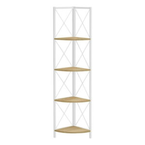 Monarch Specialties Bookshelf, Bookcase, Etagere, Corner, 4 Tier, 60"h, Office, Bedroom, Metal, Laminate, Natural, White, Contemporary, Modern