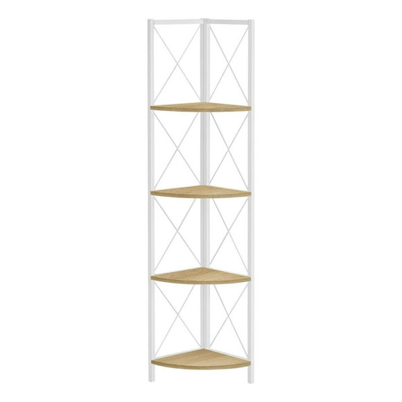 Monarch Specialties Bookshelf, Bookcase, Etagere, Corner, 4 Tier, 60"h, Office, Bedroom, Metal, Laminate, Natural, White, Contemporary, Modern