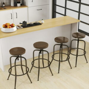 Homy Casa Adjustable Swivel Barstool Set of 4 - Walnut Finish, Industrial Design with Footrest