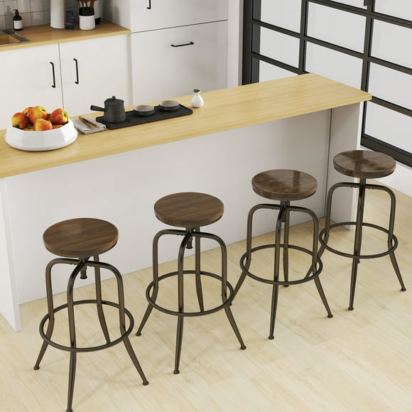 Homy Casa Adjustable Swivel Barstool Set of 4 - Walnut Finish, Industrial Design with Footrest