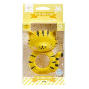 A Little Lovely Company - Teething Toy - Yellow - Natural Rubber from Hevea Tree  Amusing Tiger Character - Soothes and Comforts Teething Babies - Safe and Fun  0+ months