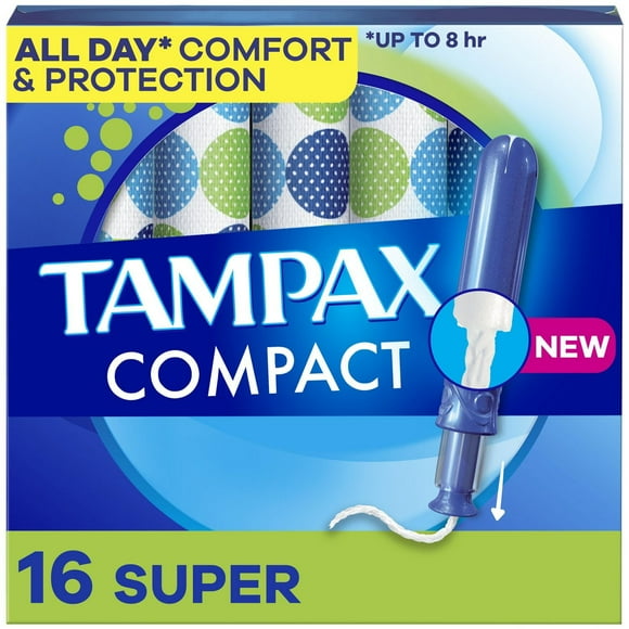 Tampax Compact Pearl Tampons, with LeakGuard Braid & Extendable Applicator, Super Absorbency, Compact Extendable Applicator, Unscented, 16CT