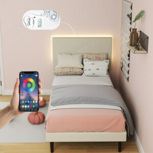 Homy Casa Upholstered Twin Bed with LED Light Strip and Charging Ports for Kids or Teens Room, Beige