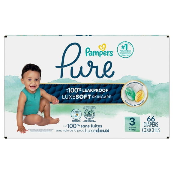 Pampers Pure Baby Diapers, Size 3 (16-28 lbs), 66, Up to 100% Leakproof, Premium Hypoallergenic Soft Diapers, 66 Count