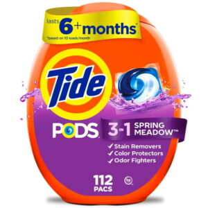 Tide PODS laundry detergent pacs, 3-in-1 Stain Remover, Odor Fighter, Color Protector, HE compatible, Spring Meadow Scent, 112CT