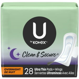 U by Kotex Clean & Secure Ultra Thin Overnight Pads with Wings, 28 Count