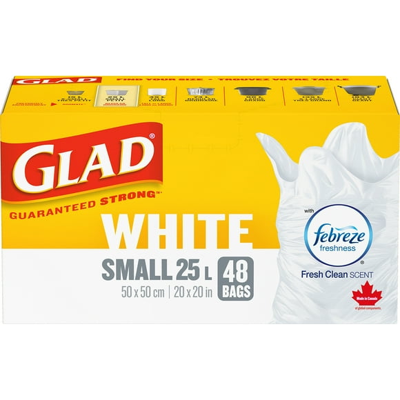 Glad White Garbage Bags - Small 25 Litres - Febreze Fresh Clean Scent, 48 Trash Bags, Ready and prepared to handle all your garbage. With Febreze Fresh Clean Scent this bag suppresses the worst trash odours. GLAD. Guaranteed Strong.